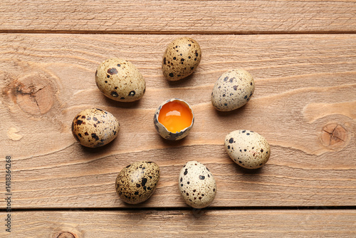Quail eggs with one cracked...