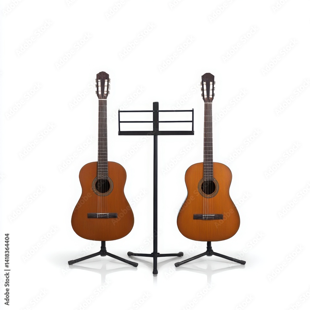 Naklejka premium Two guitars with music stand isolated on white background