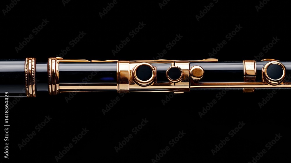 Naklejka premium Gold plated keys on elegant clarinet against a black background for classical music enthusiasts