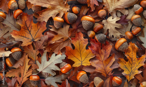 Seamless pattern with acorns and autumn oak leaves in Orange, Beige, Brown and Yellow. Perfect for wallpaper, gift paper, pattern fills, web page background, autumn greeting cards