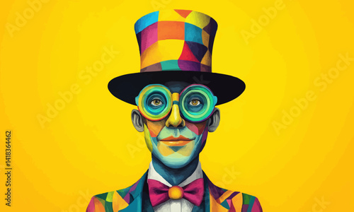 Magician with colourful hat and quirky glasses illustration isolated on yellow background