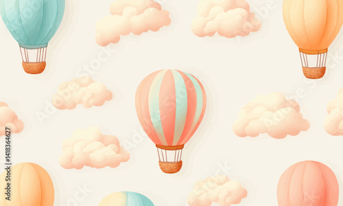 Seamless pattern with colorful hot air balloons and fluffy clouds on a light background, creating a whimsical and playful design.