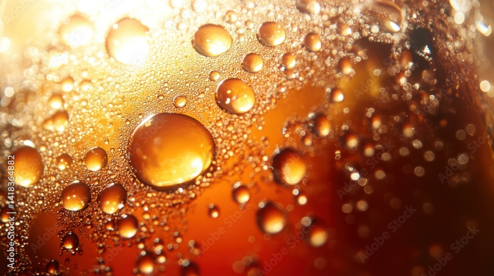 Close-up of water droplets on a glass of a refreshing, cold amber beverage. Close-up of water droplets on a glass of a refreshing, cold amber beverage.