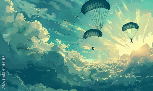 serene beauty of the canopy descent in a vector art piece showcasing the moment when skydivers deploy their parachutes