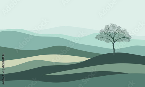 Minimalist Landscape Illustration with Tree and Rolling Hills. Nature Illustration with copy-space.