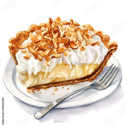 Coconut Cream Pie With Toasted Coconut Flakes, vector watercolor illustration, isolated on a white background.