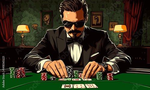 Male croupier at the poker table, poker room. Poker game, casino, Texas hold'em, online game, card games. Modern design, magazine style.