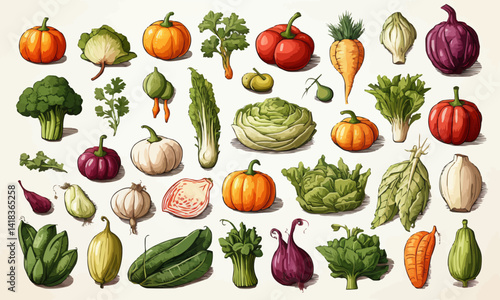 Miscellaneous Vegetables set: a colorful collection of fresh and juicy vegetables presented in a variety of shapes and colors, suitable for use in cooking or design.