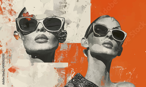Mixed-Media colorful portrait of woman in modern sunglasses with different collage elements in orange background