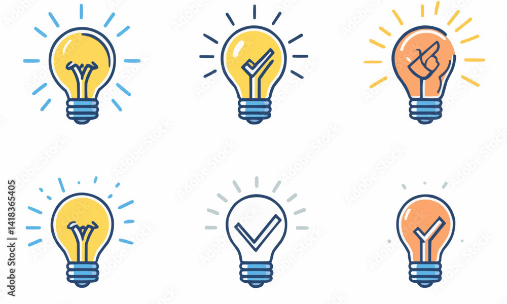 Set of light bulb linear icons with rays and check mark. concept of creativity in business. Set of light bulb linear icons with rays and check mark. concept of creativity in business.