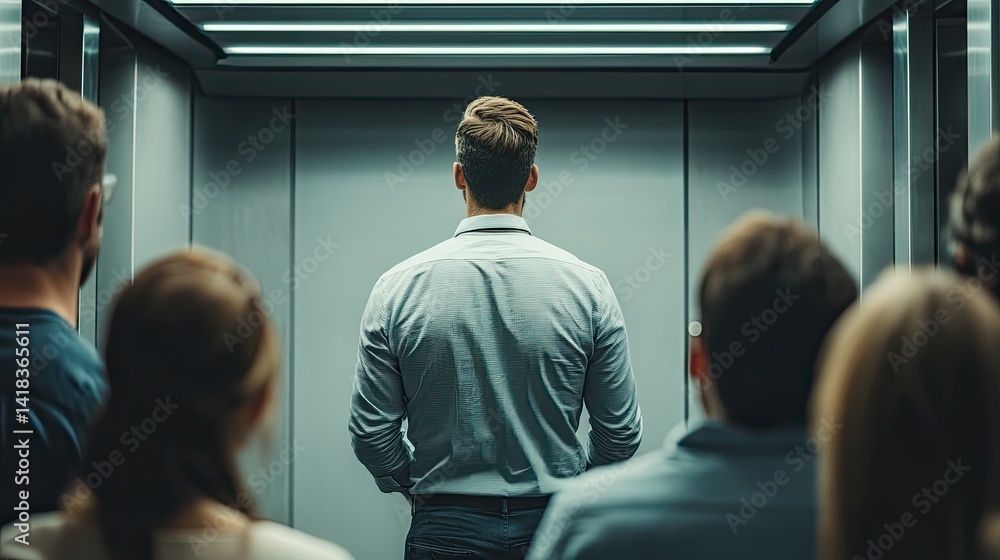 Fototapeta premium A diverse group of people stands in a well-lit, modern office space, engaged in a discussion.