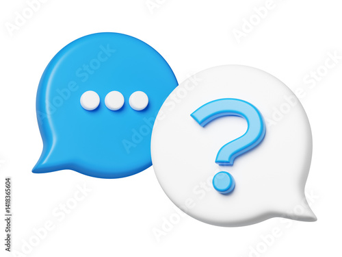 A survey chat speech bubbles with question mark symbol. Clarification, question, FAQ, QA concept. Survey reaction 3d icon illustration isolated on transparent background