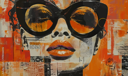 Mixed-Media colorful portrait of woman in modern sunglasses with different collage elements in orange background