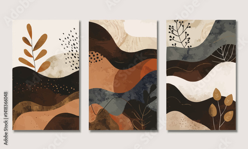 Modern abstract art prints with coffee and nature themes, vector illustrations for home decor