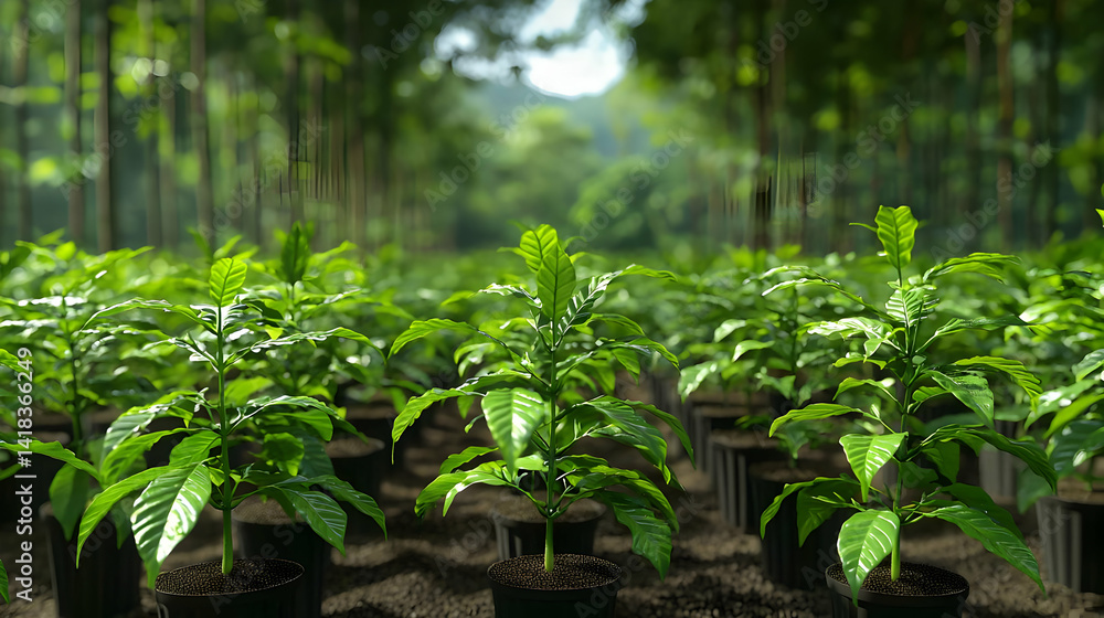 Young Coffee Plants In Rows Under Sunlight Young Coffee Plants In Rows Under Sunlight