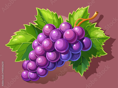 A professional vector of realistic grape cluster with natural shine, placed on a solid plum-colored background