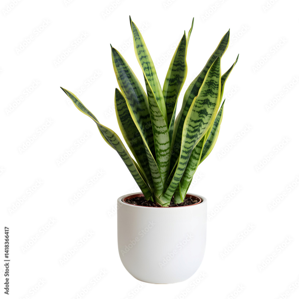 Snake plant in a small white pot with upright leaves Snake plant in a small white pot with upright leaves