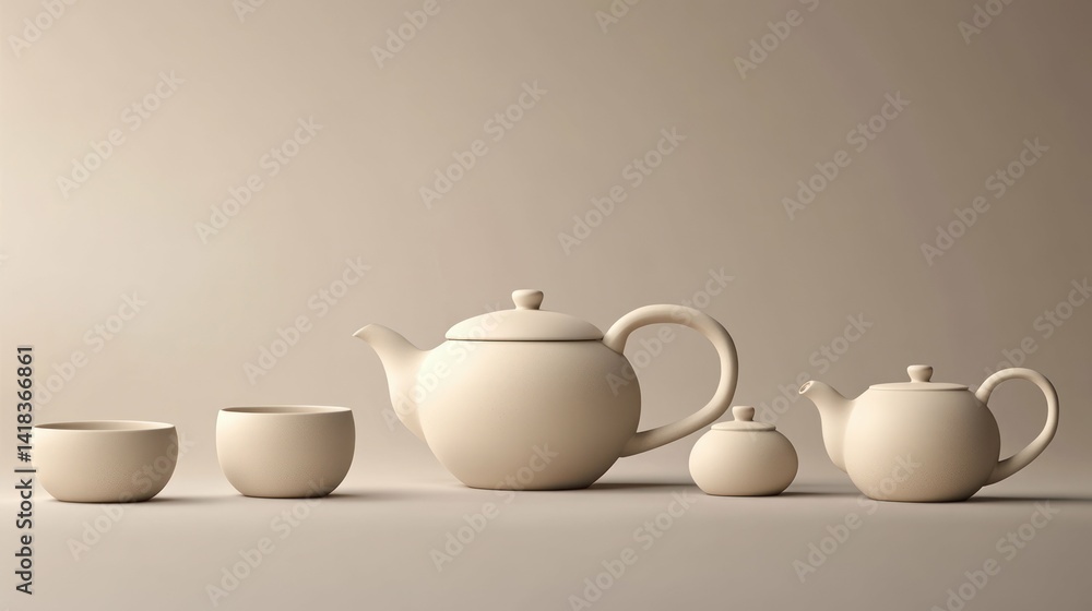 Cream-colored tea set with two teapots and teacups on a neutral background. Cream-colored tea set with two teapots and teacups on a neutral background.