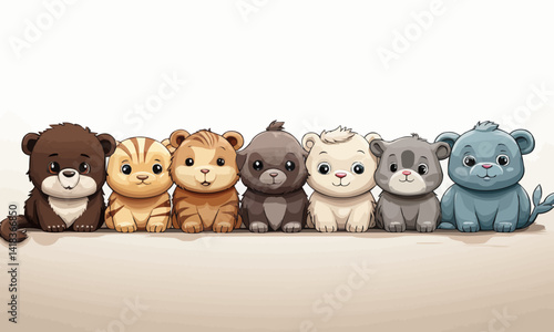 On a clean white background, six cartoon animals - lion, hippo, zebra, penguin, seal and polar bear - are lined up in a fun row, creating a playful and colorful image. Vector