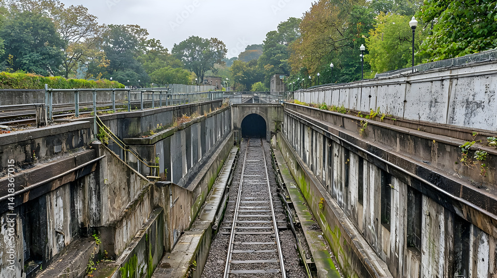 Obraz premium Abandoned Railway Tunnel With Gray Concrete Walls And Green Plants