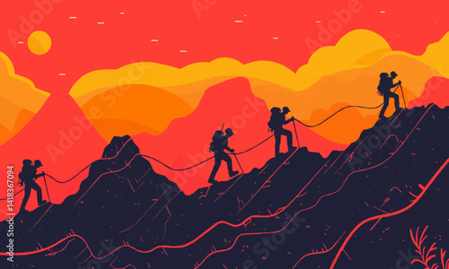physical challenge and endurance of hiking in a vector scene featuring hikers conquering steep ascents navigating rugged terrains and pushing their limits