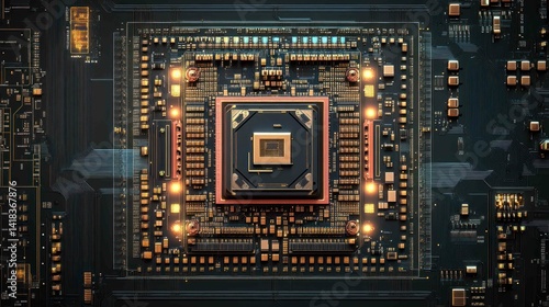 High-tech computer circuit board with intricate golden details. Digital future.