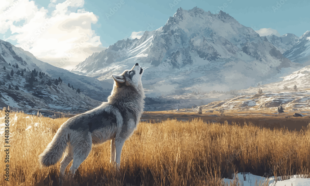 Obraz premium In a serene winter landscape, a gray wolf howls towards the sky, surrounded by snow-covered mountains and golden grass