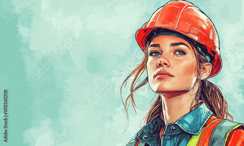 Portrait of a professional young female industry engineer or worker wearing a safety uniform and a hard hat.