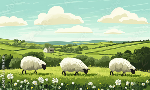 Rural farming and livestock management illustrated with three sheep grazing on green grass on a summer day