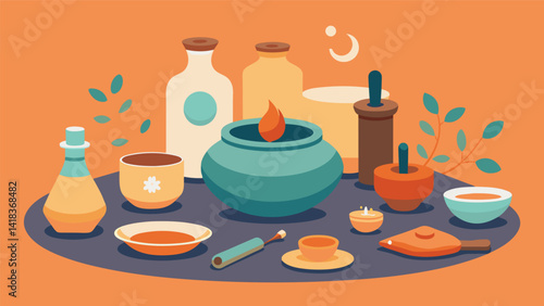 A set of pottery tools laid out on a work table highlighting the intentional and purposeful approach to healing that theutic pottery provides.. Vector illustration