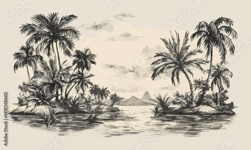 Islands with palms landscape hand drawn ink sketch. Engraving style vector illustration