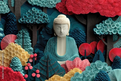 Obraz na płótnie Buddha, meditating in the lotus flower surrounded by trees and flowers w salonie