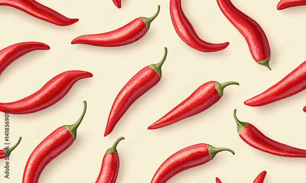 Seamless pattern of red chili peppers arranged on beige background Seamless pattern of red chili peppers arranged on beige background