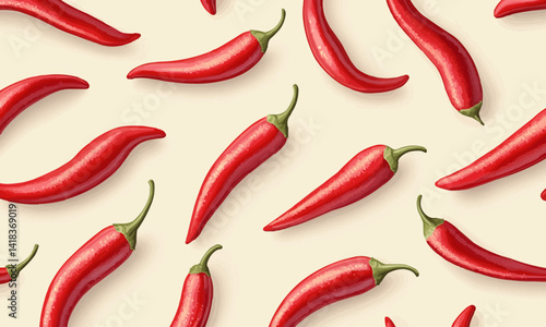 Seamless pattern of red chili peppers arranged on beige background