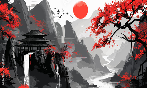 Japanese landscape, temple in the mountains, red black and white ink style, simple vector art, dark grey background, red sun setting behind the mountain, trees with deep red leaves