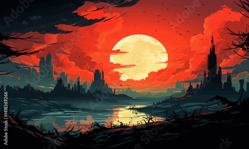 ruined city, ruined buildings, vector, flat, isolated