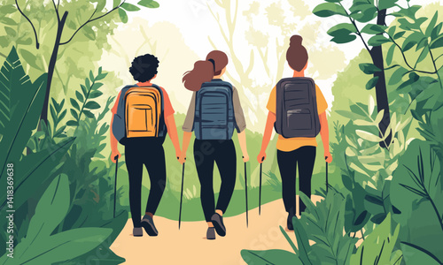 Joyful Friends Hiking in Forest
