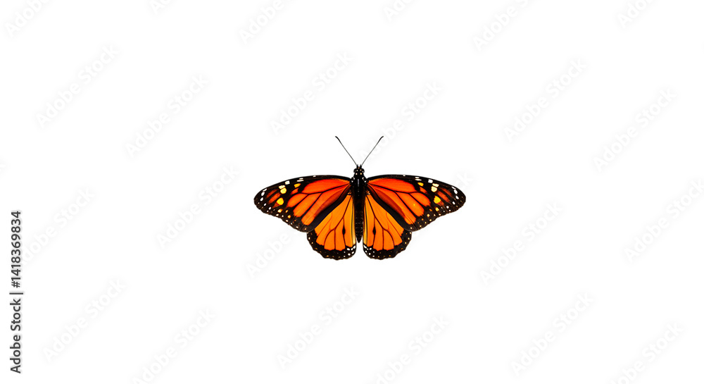 A monarch butterfly with open wings displayed against a stark black background in a central position A monarch butterfly with open wings displayed against a stark black background in a central position