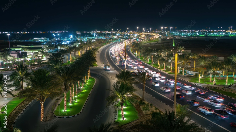 Night highway with cars and illuminated buildings in the distance. Night highway with cars and illuminated buildings in the distance.
