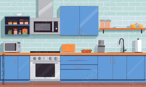 Mockup built in modern kitchen counter with microwave and oven sink and stove fire. kitchen pantry wooden floor for design and decoration.