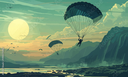 serene beauty of the canopy descent in a vector art piece showcasing the moment when skydivers deploy their parachutes