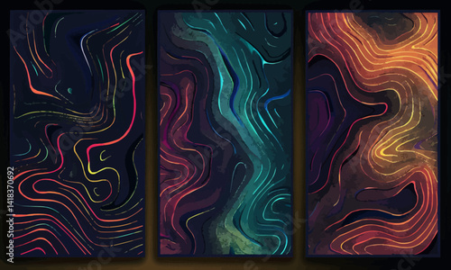 Set of colorful cards with abstract monochrome reaction diffusion psychedelic pattern background. Organic line art biological wallpaper