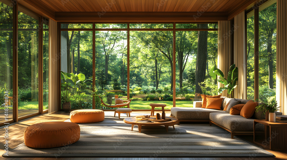 Fototapeta premium Serene living room with floor-to-ceiling windows showcasing a lush green forest view. Sunlight streams in, illuminating a modern, minimalist design with comfortable seating and natural materials.