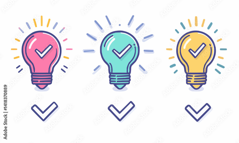 Set of light bulb linear icons with rays and check mark. concept of creativity in business. Set of light bulb linear icons with rays and check mark. concept of creativity in business.