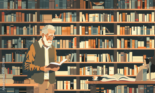 old man in bookstore vector flat minimalistic isolated illustration