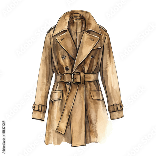 Classic Trench Coat With A Belt, watercolor vector, isolated on a white background.