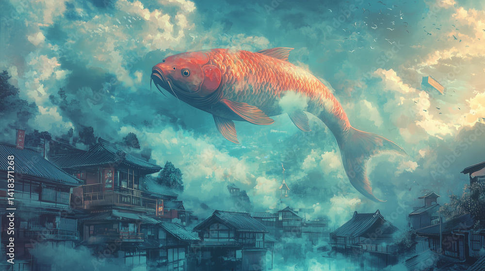 Obraz premium A giant koi fish swimming through the clouds above a traditional Japanese village, surrealism
