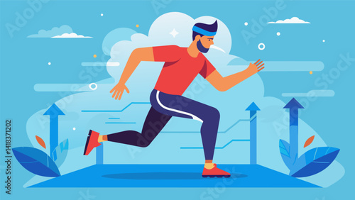 A man sweating and breathing heavily as he navigates through a virtual obstacle course using his body movements to complete the challenges.. Vector illustration