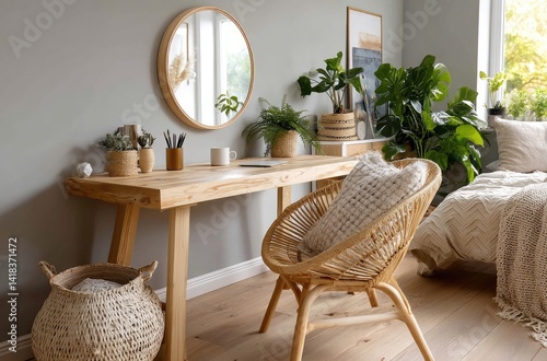 Sleek wooden desk with a rattan chair, a round mirror on the wall, green bedroom decor