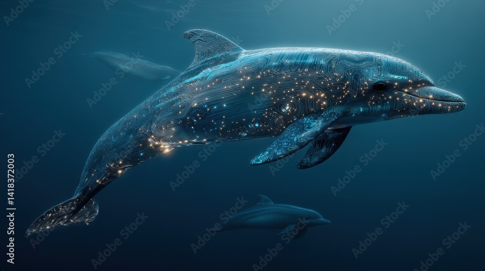 Fototapeta premium Bioluminescent cybernetic dolphin with glowing circuit board patterns swimming underwater in a hyperrealistic ocean scene, detailed futuristic marine wildlife digital art, 8k photorealistic style